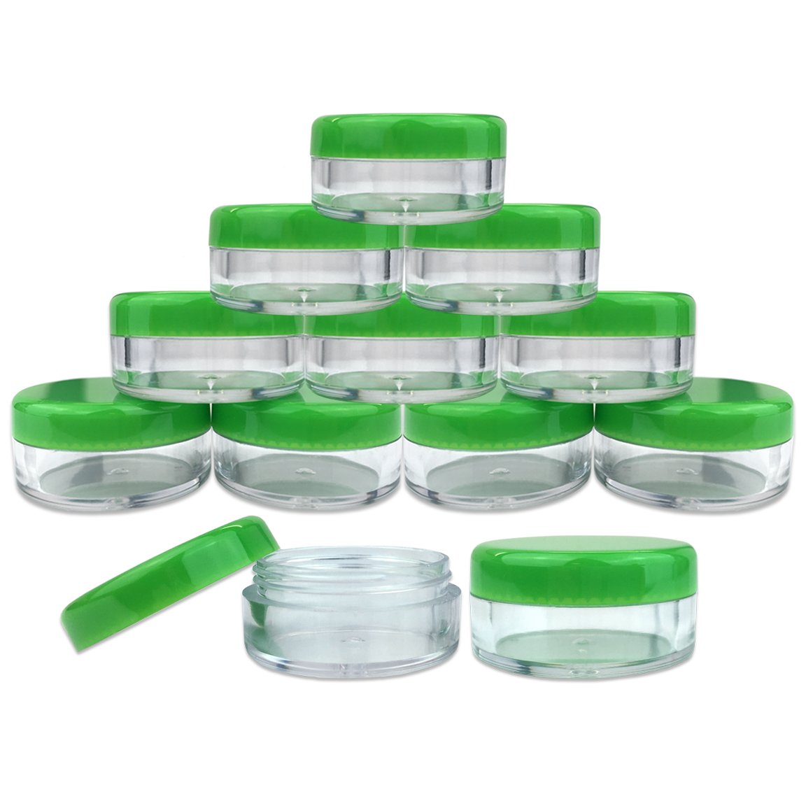 (Quantity: 50 Pieces) Beauticom 5G/5ML Round Clear Jars with GREEN Lids for Scrubs, Oils, Toner, Salves, Creams, Lotions, Makeup Samples, Lip Balms 1