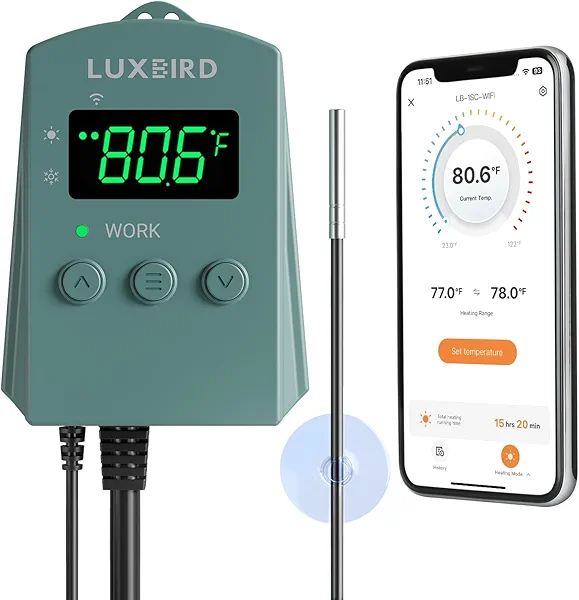 WiFi Digital Heat Mat Thermostat Controller, 32-113°F with Heating Cooling Mode, 365 Day Data Export, 1200W, High/Low Temp Alerts, Plug & Play for Reptile Seedling Brewing Breeding Greenhouse