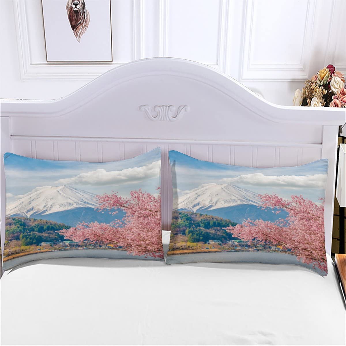 Housse de Couette 140x200 Mont Fuji Parure de Lit 1 Personne Imprimé Fleurs de Cerisier 3 Pièces Housse Couette en Microfibre Douce Imprimé 3D avec 2 Taies d'oreiller 65x65 cm z-1233