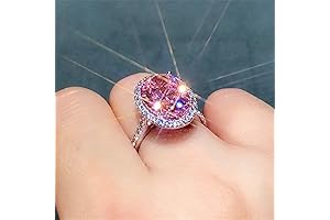 Full Diamond Ring, Shiny Sterling Silver 18k Gold Cocktail Ring with Oval Pink Cubic Zirconia