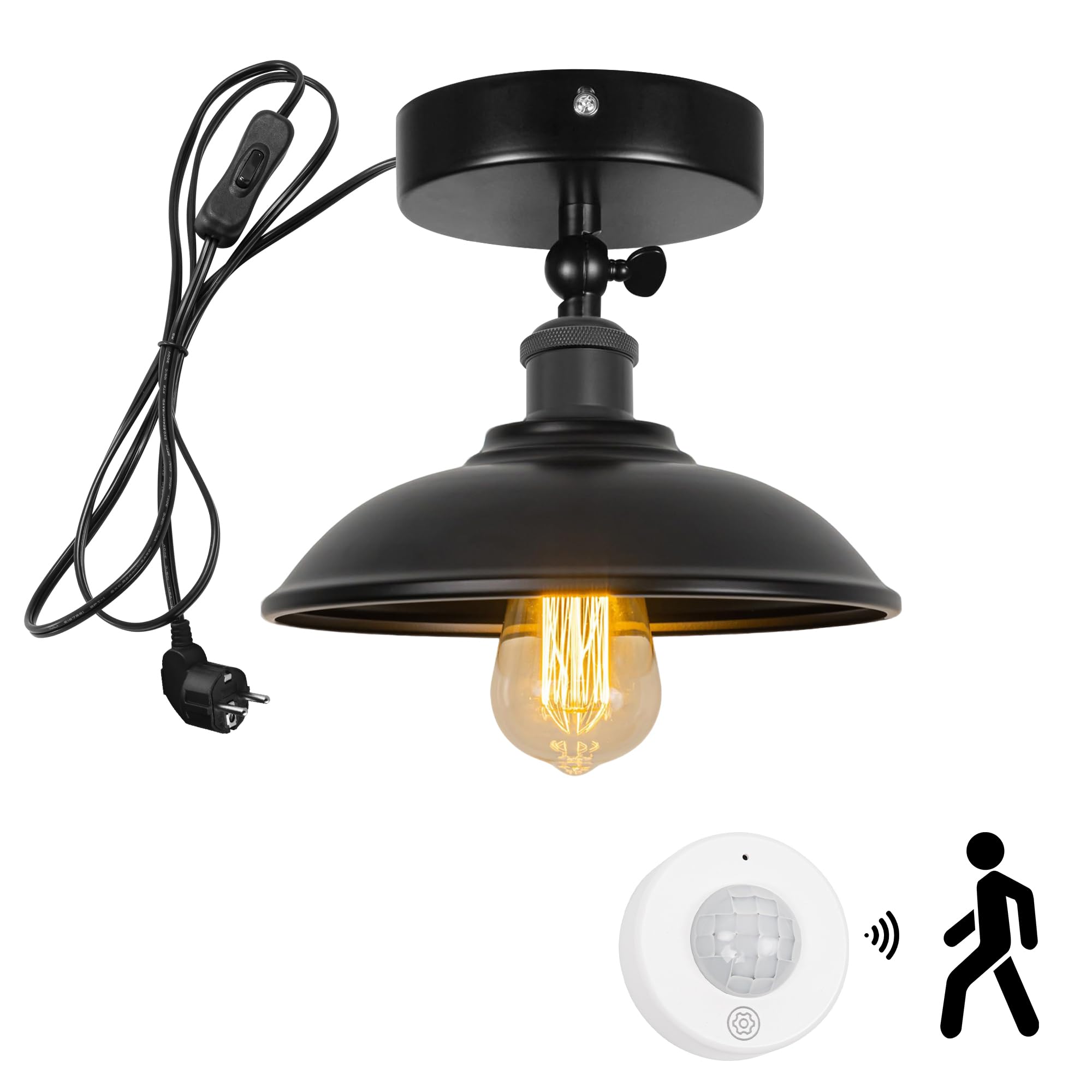 DZTB2775 - Plafoniera con sensore di movimento senza fili, con cavo da 4,5 m e portalampada E27, per corridoio, bagno, scale, garage, colore nero