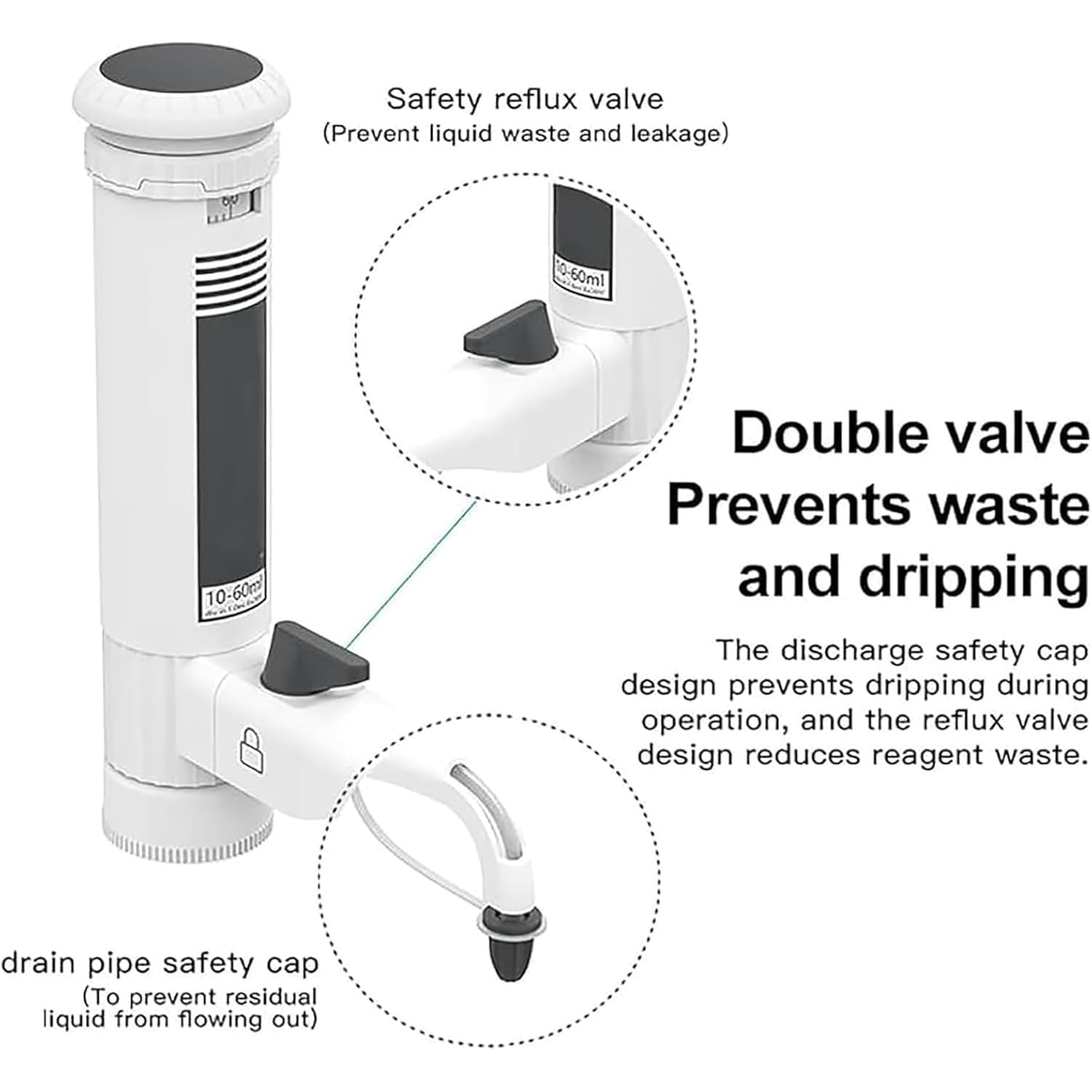 Dispensador de pipetas de líquido ajustable con 5 adaptadores, capacidad de 0,5 a 60 ml, diseño de doble válvula, ventana digital, para uso en laboratorio, herramienta de medición cuantitativa precisa