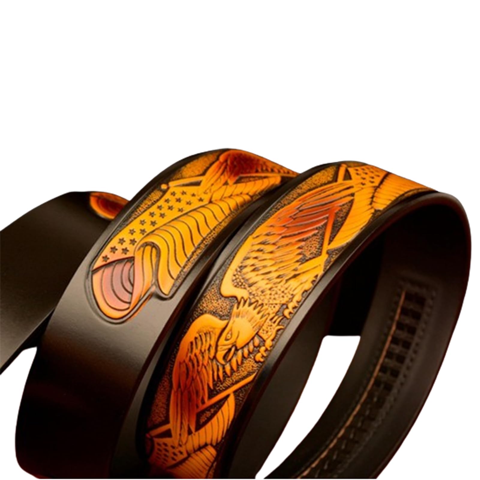 Cinturón De Cuero For Hombre Con Diseño Águila, Hebilla Trinquete Automática Deslizante, Dorada Tallada, Ajuste A Medida, 35 Mm Ancho