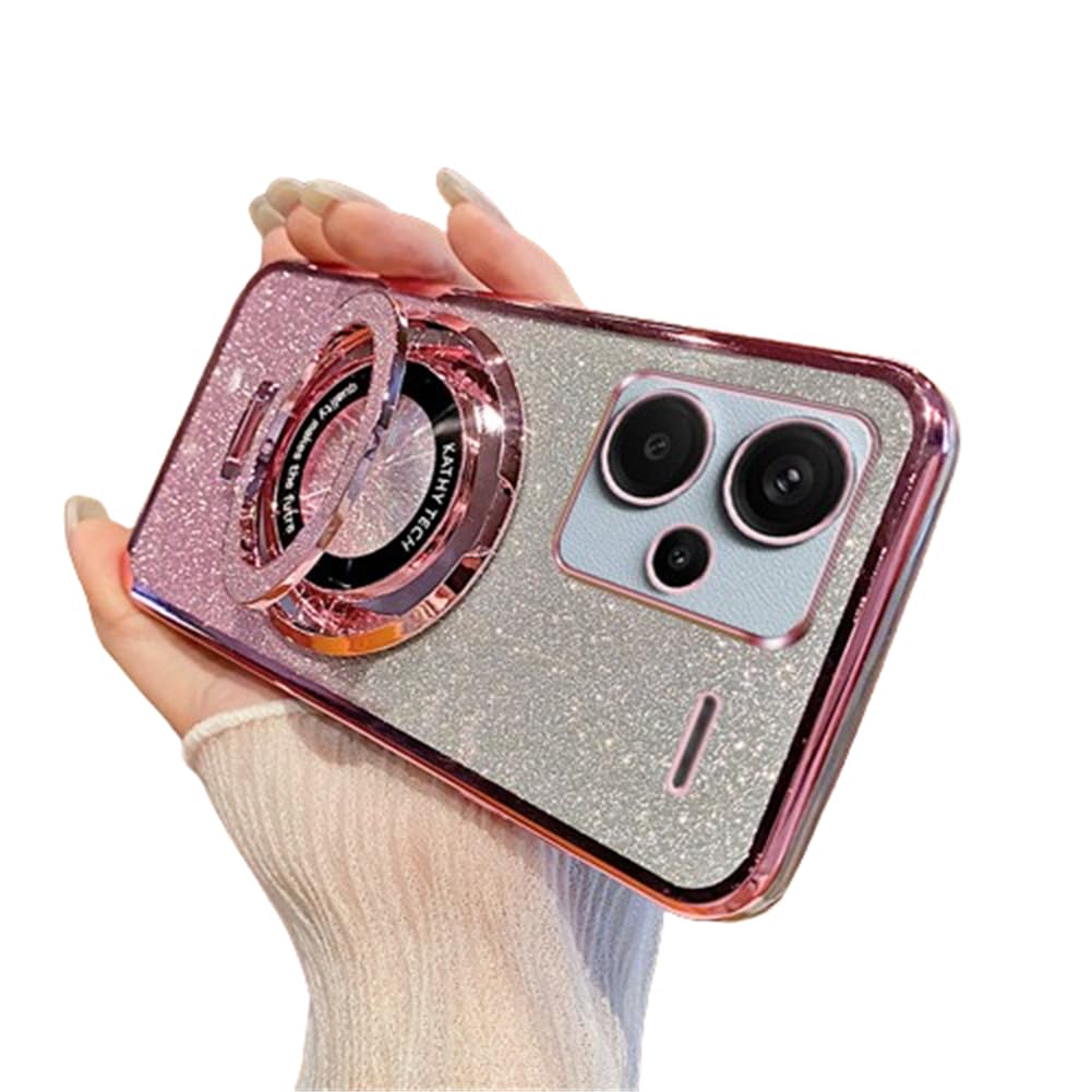 Sparkle Cute with Stand Phone Case Slim Clear Glitter Bling Card Shockproof Protective Women Girls Case for Redmi Note 13 Pro+ Plus 5G Pink YD