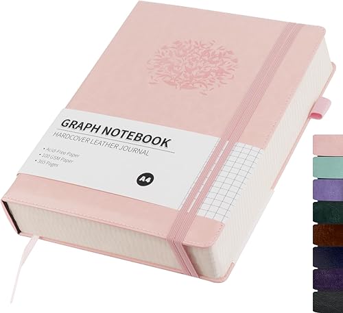 Cuaderno de papel cuadriculado de 8.5 x 11 pulgadas, tapa dura de cuero para mujer, diario gráfico A4 de 365 páginas, cuaderno gráfico rosa para