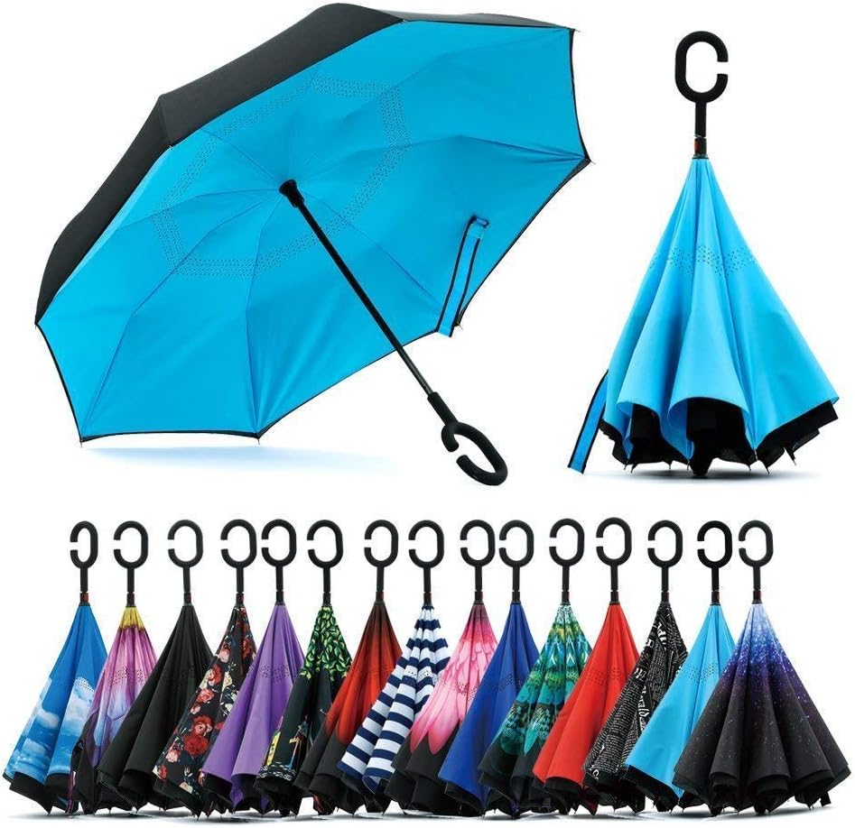 gs GREATERSCAP Windproof Double Layer C-Handle Inverted Reverse for UV Protection and Rain Umbrella for Women and Men (Blue)