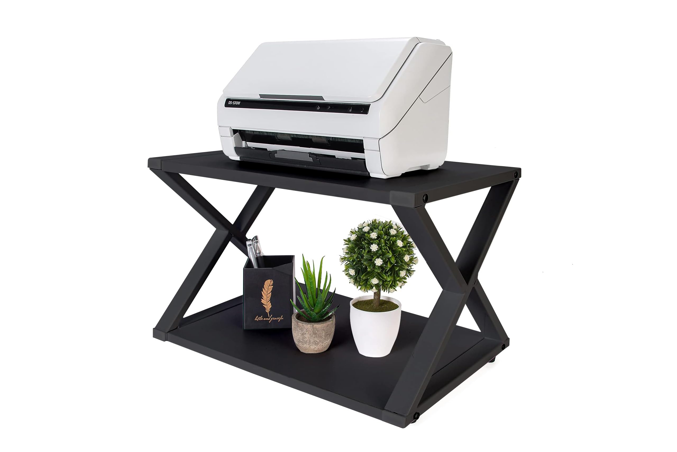 CALASK Desktop Printer Stand with Storage 2-Tier Wood Under Desk Printer Table, Multi-Purpose Printer Shelf for Home Office Organizer Storing Heavy Duty Fax Machine, Scanner, Black