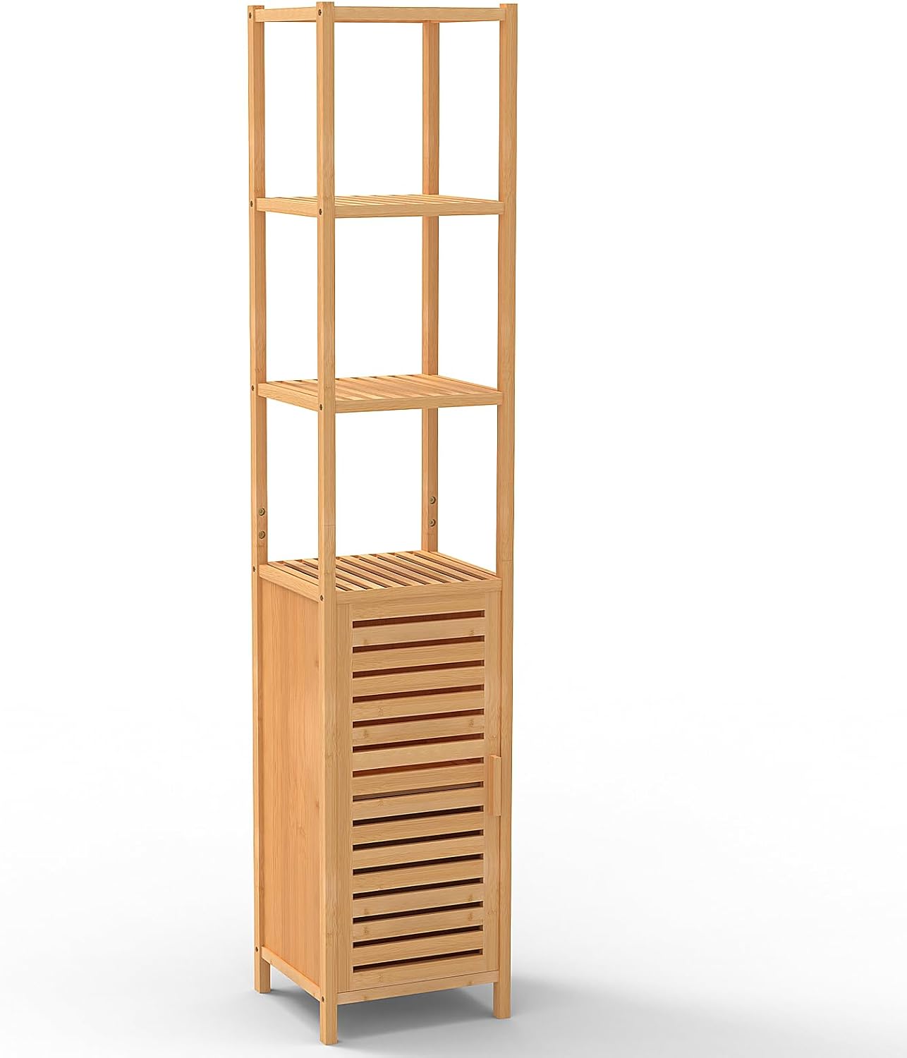 67" Tall Bathroom Cabinet，Linen Tower Cabinet with Single Door and 3 Tier Shelves，Bamboo Freestanding Cabinets Storage Organizer for Living Room, Bedroom, Kitchen