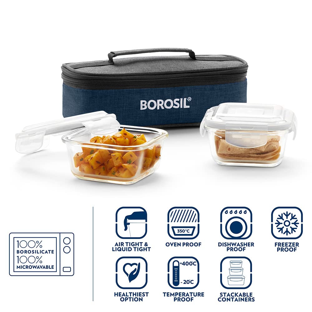 Borosil Elite Lunchbox with Bag | Set of 2 Square Container (320ml Each) | Made in India Borosilicate Glass | Microwave & Dishwasher Safe, Leakproof | Tiffin for Office/School/College | Horizontal - Image 4 thumbnail