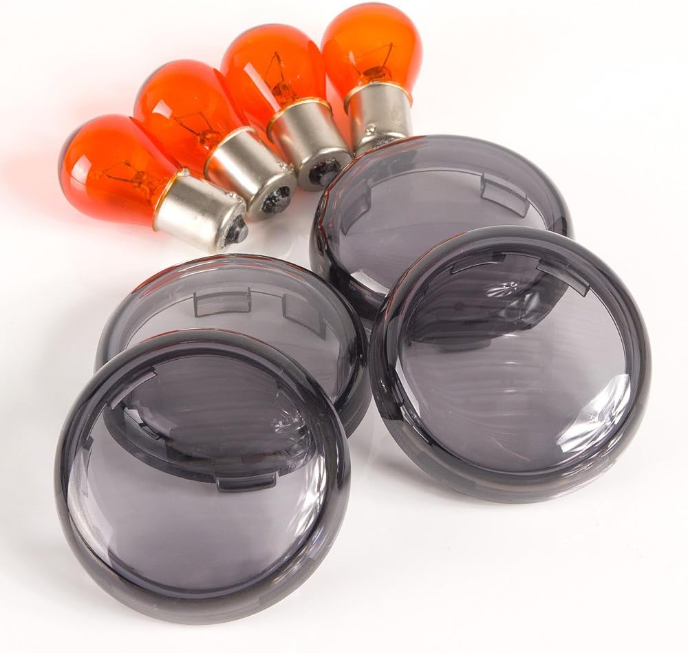 KiWAV Smoked Gray Lens cover with 4 pcs Bulbs compatible for Harley-Davidson bullet style turn signal indicator