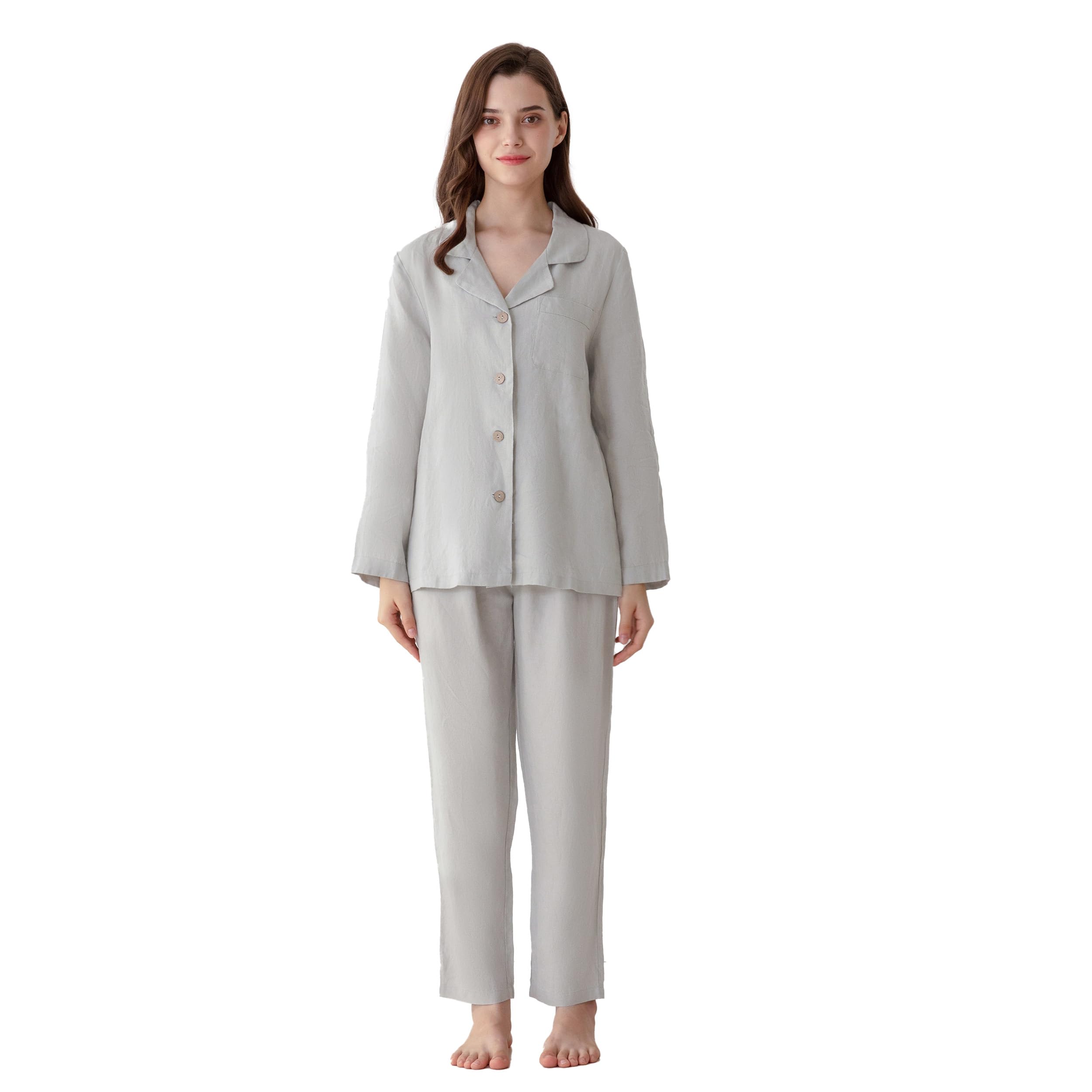 Simple&Opulence Conjunto de pijama de lino 100 % para mujer, camisa y pantalones suaves, ropa de descanso de 2 piezas, ajuste delgado, suave y transpirable, S-L