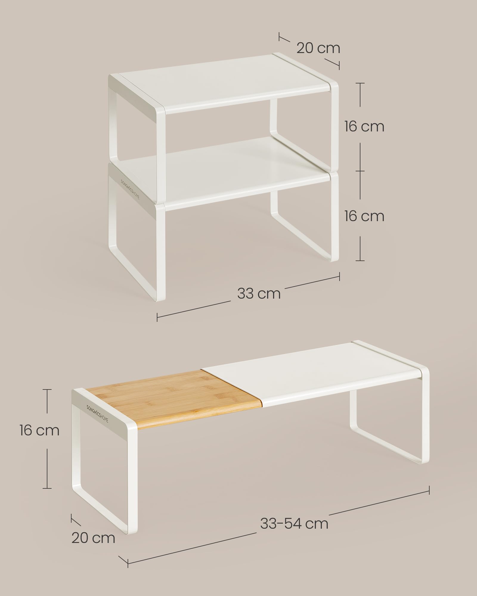 SONGMICS HOME Especiero, Juego de 2, Extensible, Organizador de Cocina, Estante de Cocina, Organizador de Armario, Estante Pequeño, Apilable, Zapatero, Beige Natural y Blanco Crema KCS051N01