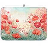 Dish Drying Mat for Kitchen Counter,Quick Drying Dish Drying mat,Absorbent Heat Resistant Drying Mat,Rose Red Flowers Drying Mat with Non Slip Pad,16 x 18 inch,Polyester