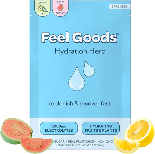 Feel Goods Hydration Hero - Paquetes de hidratación de electrolitos en polvo, sin azúcar, más de 60 oligogramas, frutas orgánicas, Keto - Limón