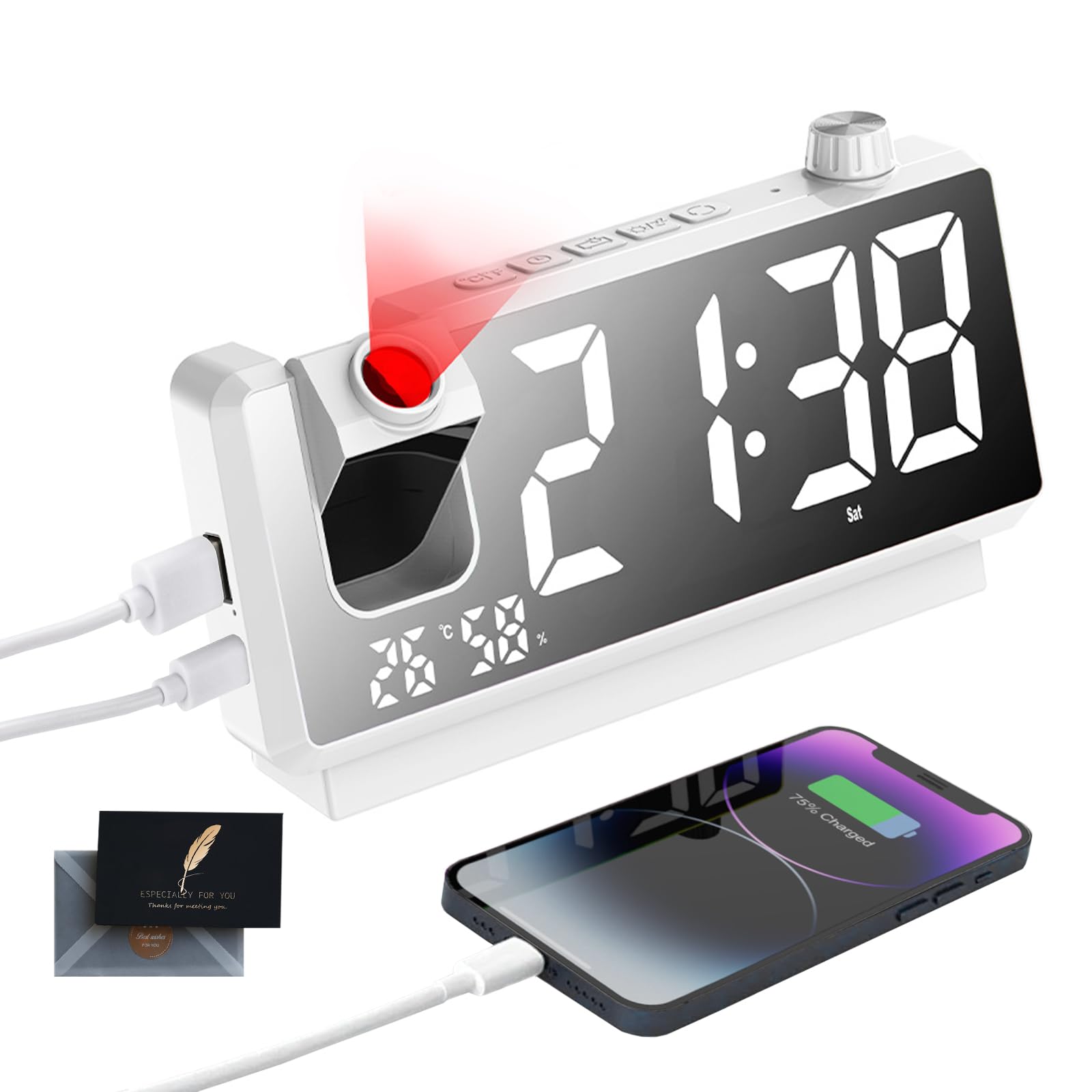 Reloj Despertador Digital con Proyector, Reloj Proyector Techo con LED de 7,4", 180°, Doble USB, Temperatura y Humedad, 3 Brillo, 12/24H, Snooze, para Dormitorio Infantil Niños(Blanco)