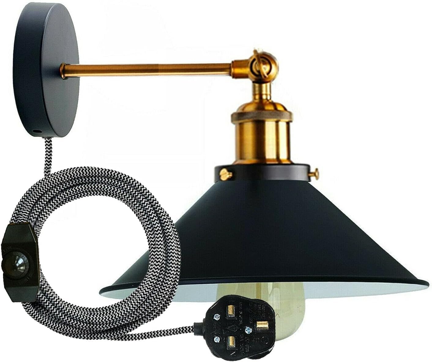LEDSone Retro Industrial Wall Light Plug in Wall Lamp Metal Cone Shape Shade Indoor Light Fitting with Dimmer Switch for Bedroom Hallway Restaurants (Black, Without Bulb) โ image 1
