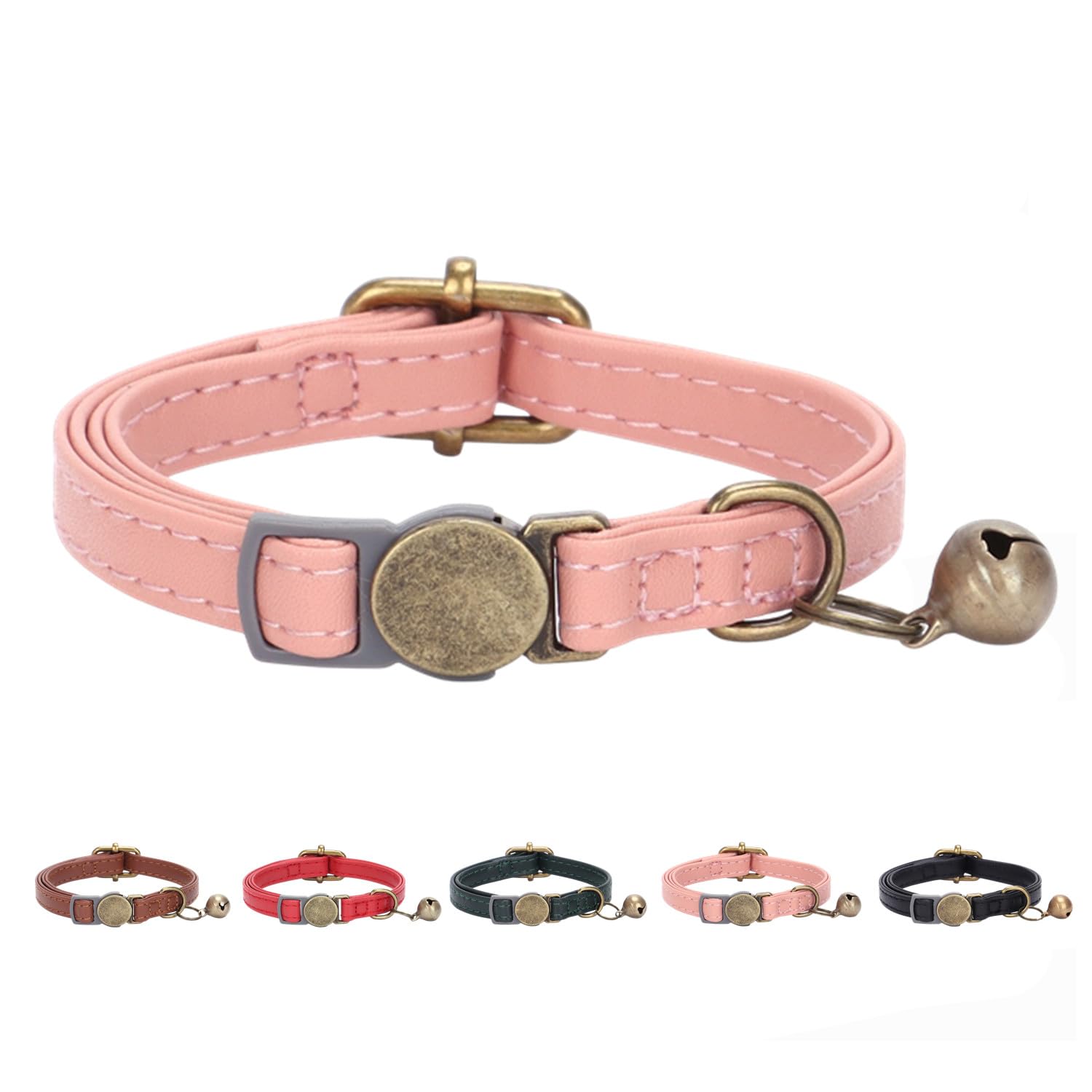 THAIN Leather Cat Collar with Bell Breakaway- Adjustable, Durable, Retro Bell fit Most Cats and Kittens (Pink)