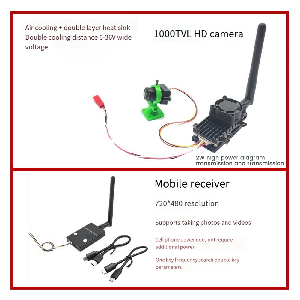 Trasmettitore Wireless FPV 2W 2000MW 48CH + Ricevitore + Cam 1000TVL 5.8Ghz Nero per Drone da RC FPV
