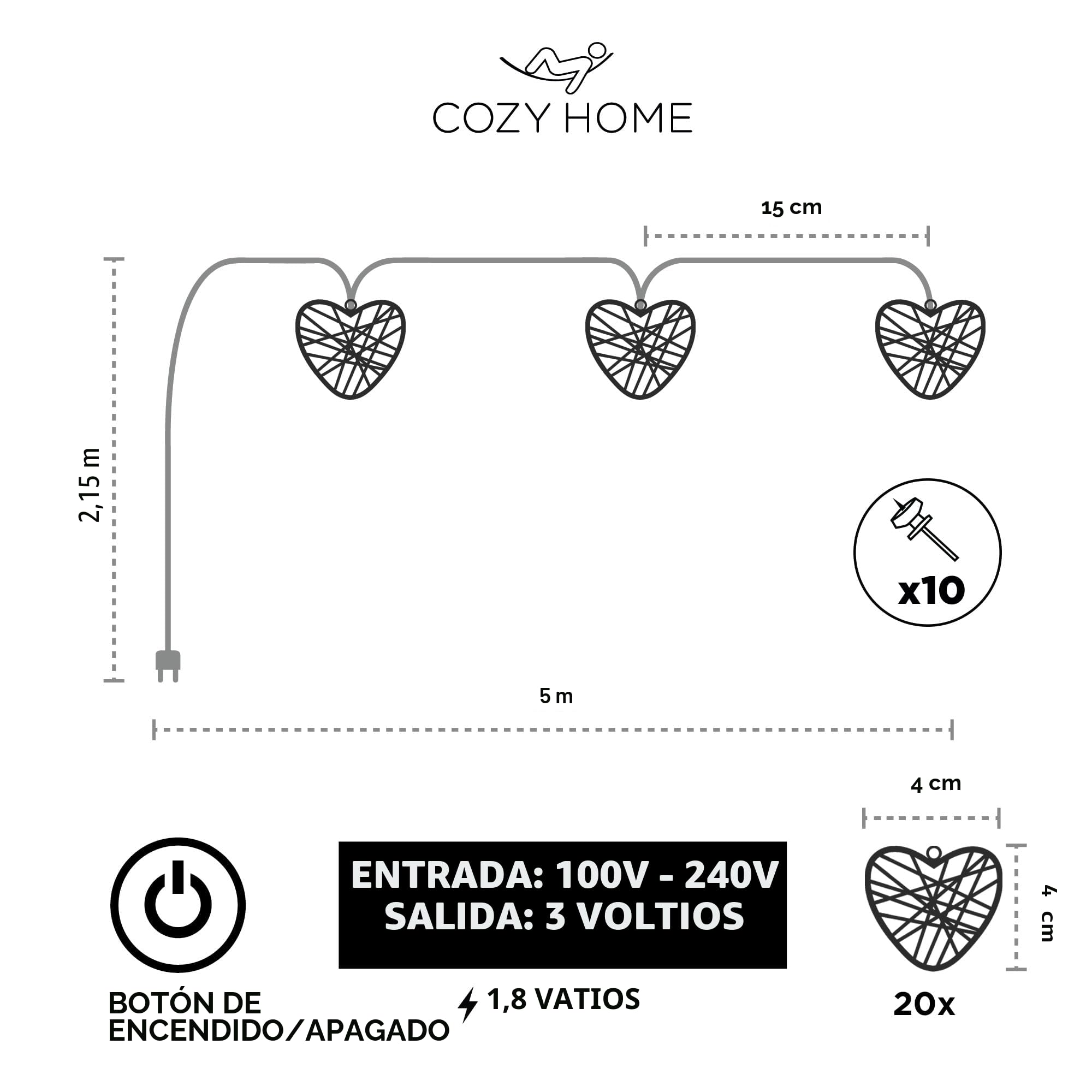 CozyHome Guirnalda luces interior Corazón - 5 metros & 20 LED blanco cálido I Con enchufe I Luces decorativas habitacion I Fairy lights decoracion Luz led hadas Luzes I Luces led pequeñas Girnaldas