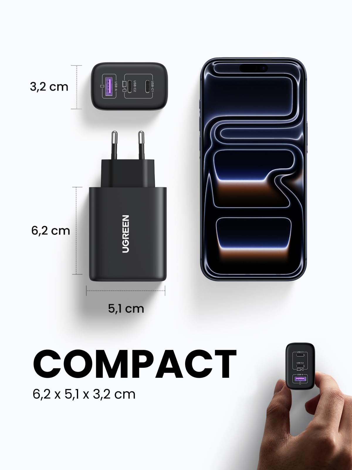 UGREEN Zapix 65W Chargeur USB C Rapide 3 Ports GaN Tech Compatible avec iPhone 17 Pro Max Air 16 15 14 13 12 iPad MacBook Neo Air Pro M5 M4 M3 M2 M1 Galaxy S26 S25 S24 A15 Pixel 10 9 8 XPS (Noir)