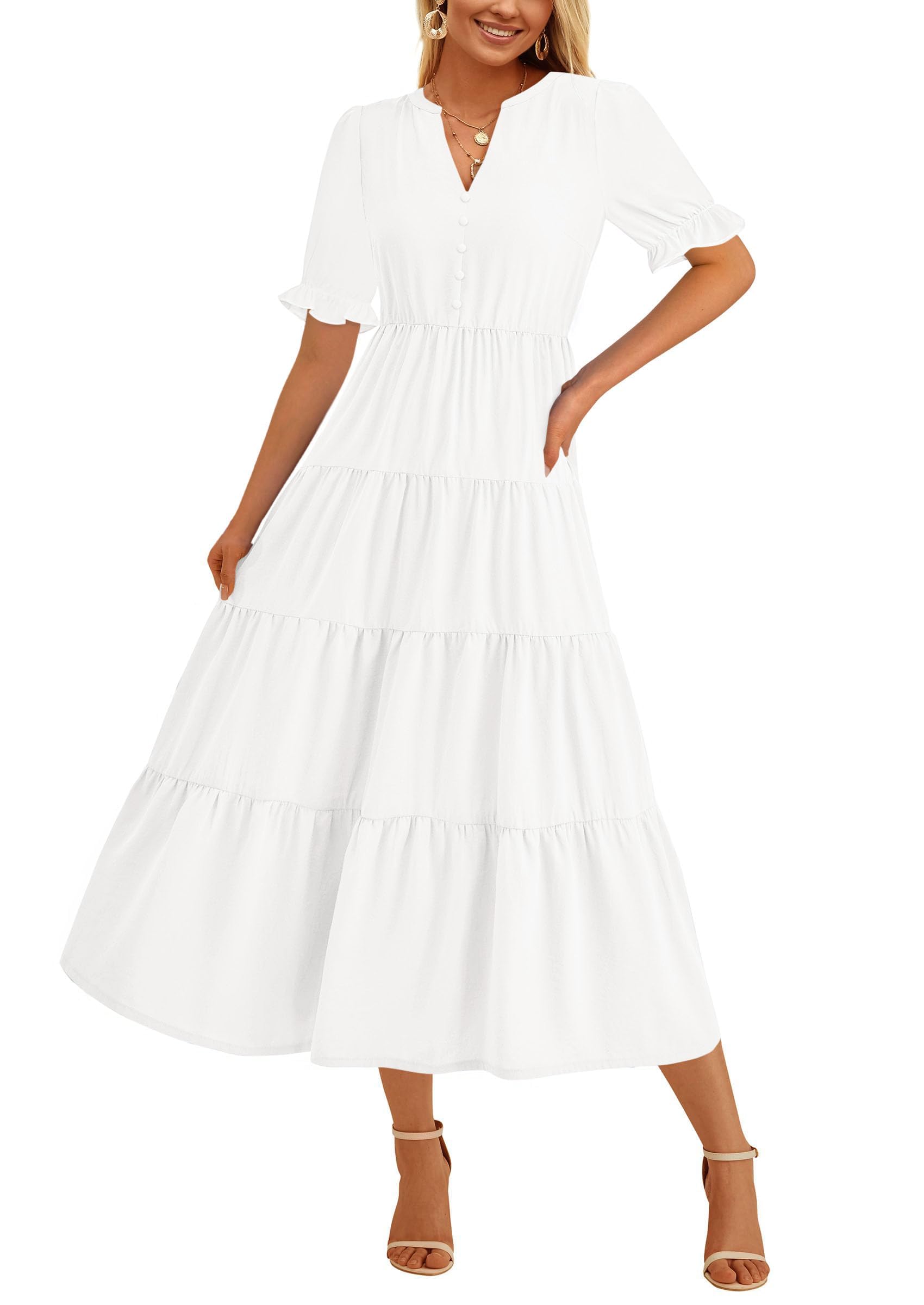PRETTYGARDEN Women's Summer Casual Short Sleeve V Neck Midi Dresses 2025 Spring A-line Tiered Wedding Guest Dress
