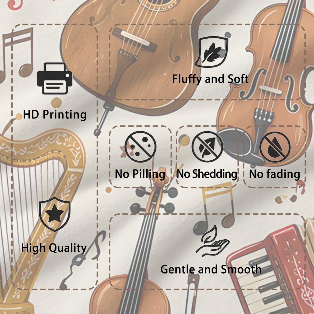 Genérico Música Manta Polar Manta 130 x 150 cm, Luz de franela de microfibra suave dinámica Instrumento nota musical, Beige, Regalo para padres y niños