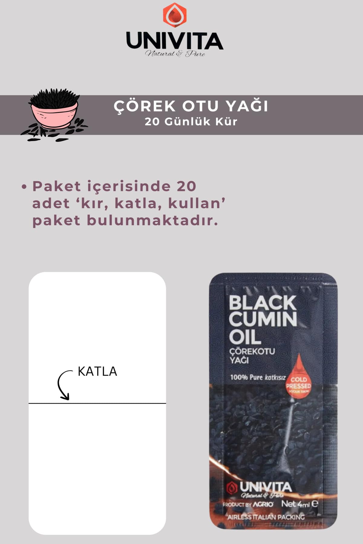 UNIVITA %100 Doğal Katkısız Çörek Otu Yağı- 20 Günlük Bakım Kürü - 80 ml (4ml x 20)