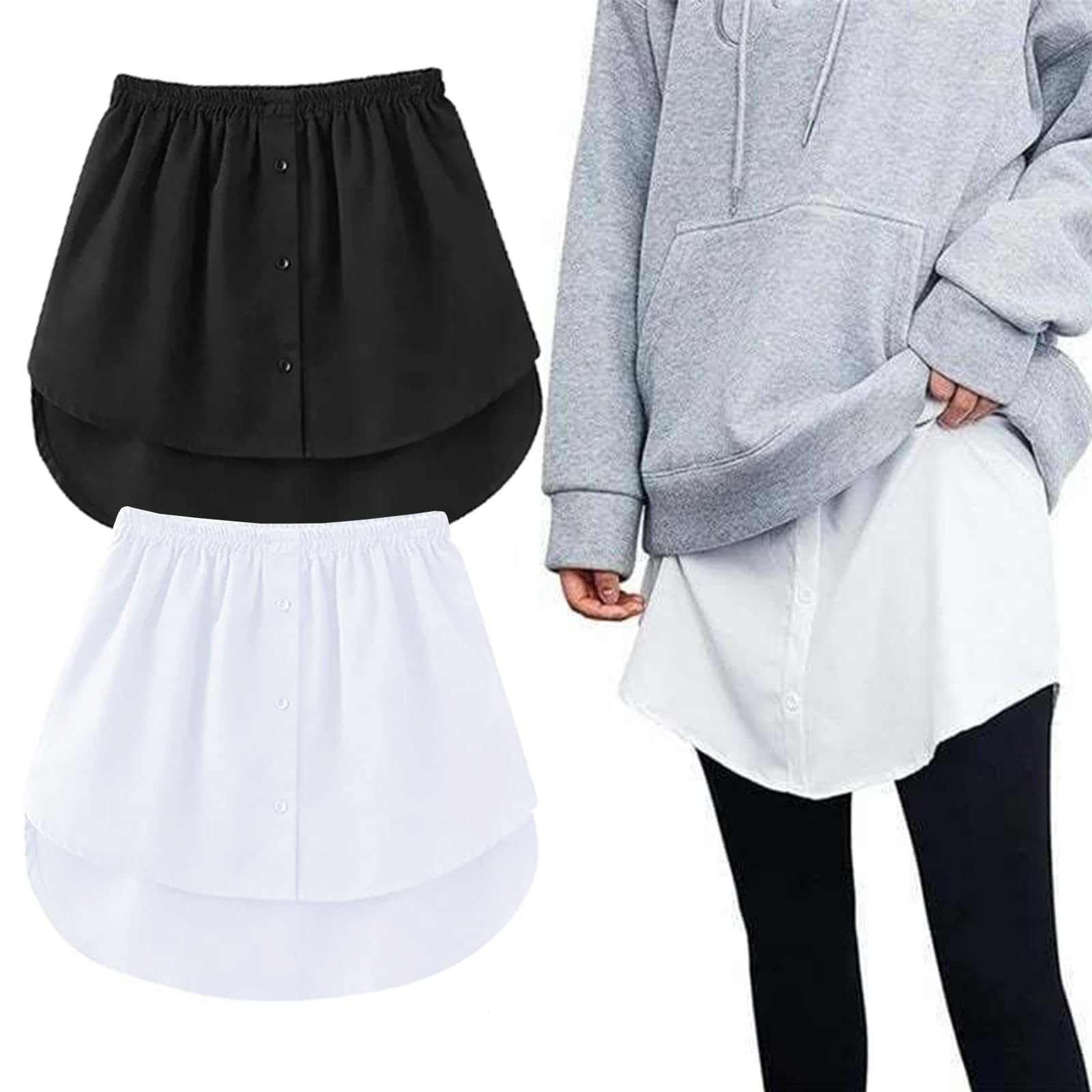 Set Di 2 Prolunghe Per Camicia E Gonna – Mini Sottogonna Falsa Con Bottoni, Taglio Asimmetrico, Nero E Bianco, Taglia Unica
