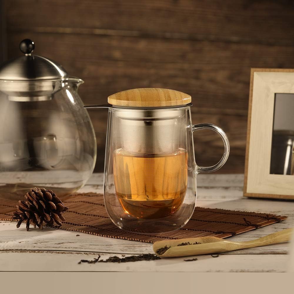glastal Tea Infuser Mug 14.5oz Insulated Heatproof Glass Tea Cup with Removable Infuser and Lid, Clear Glass Teacup 430ml Double Wall Borosilicate Glass Teacup for Loose Tea, Gifts for Parents Dad Mum - Image 6