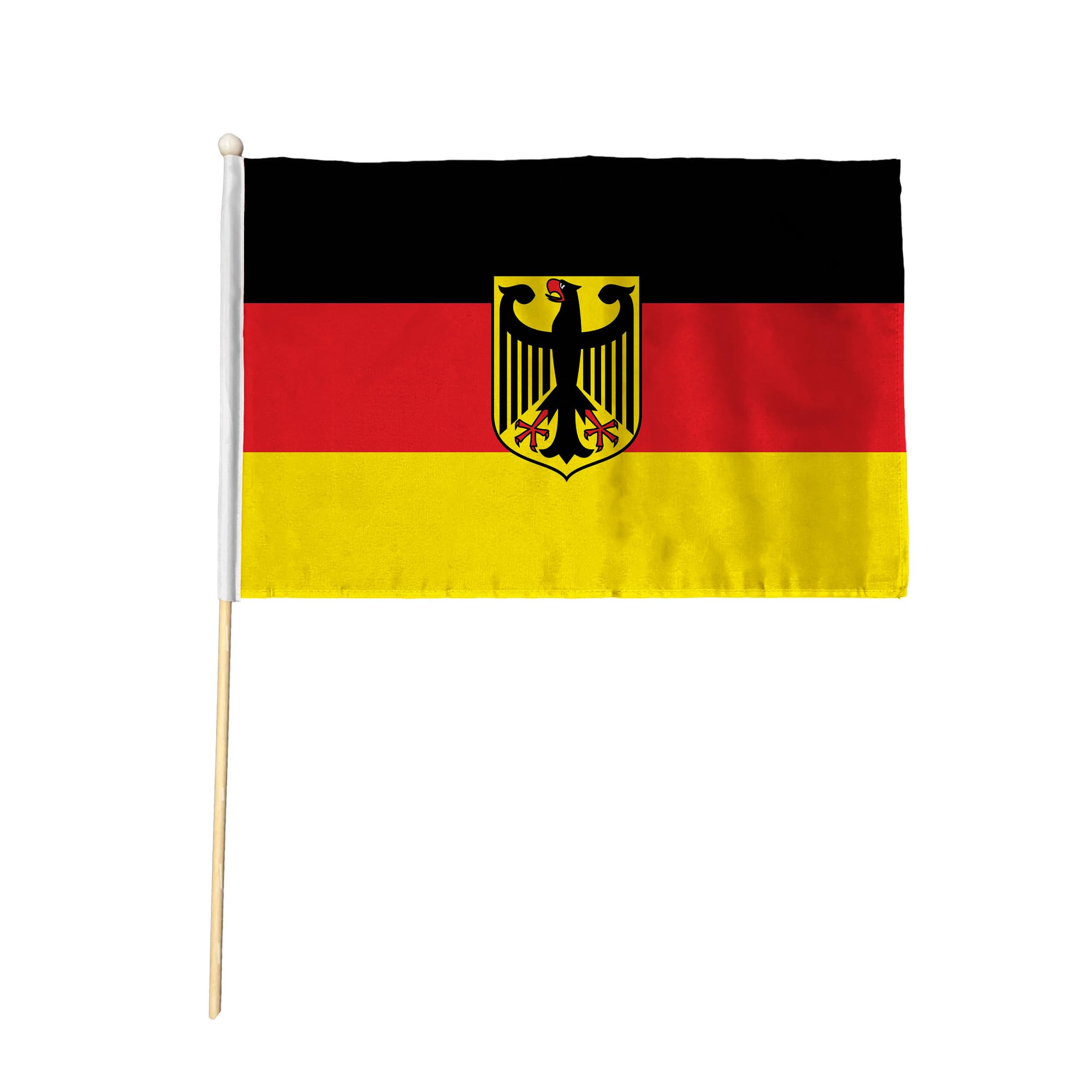 Flagtex Germany with Crest Pack of 2 Hand Waving Flag (9x6 Inch) - Premium Wooden Stick Hand Flag 9x6 Inch Natural Wood Pole European Black Red Gold Federal Eagle Flag Events