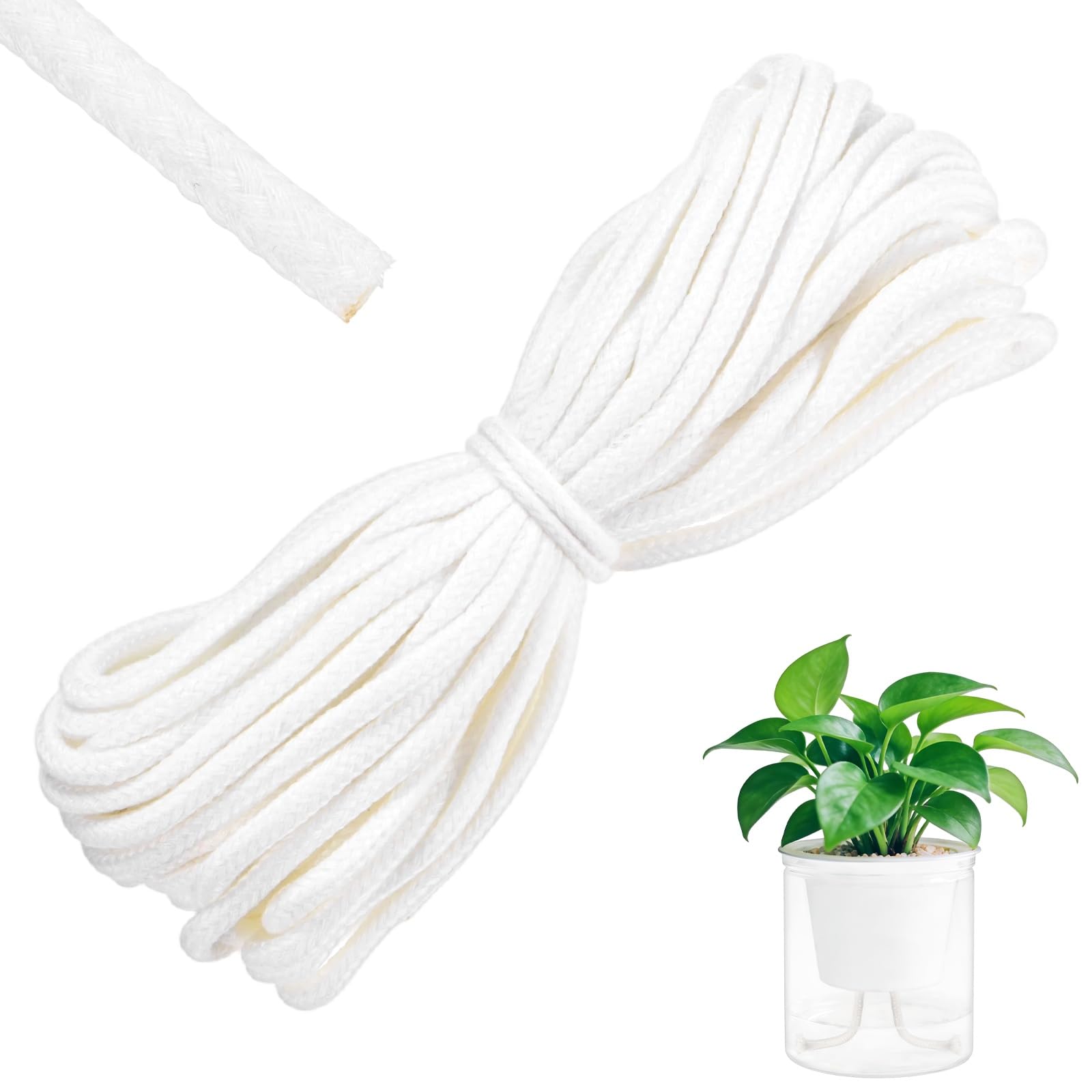 M METERXITY 1-Pack 49.2 Feet Self Watering Wick Cord, 1/6 Inch Cotton Rope Self Wicking Rope for Potted Plants/Flower Pots/Seedlings, Water Wicks for Plants [White]