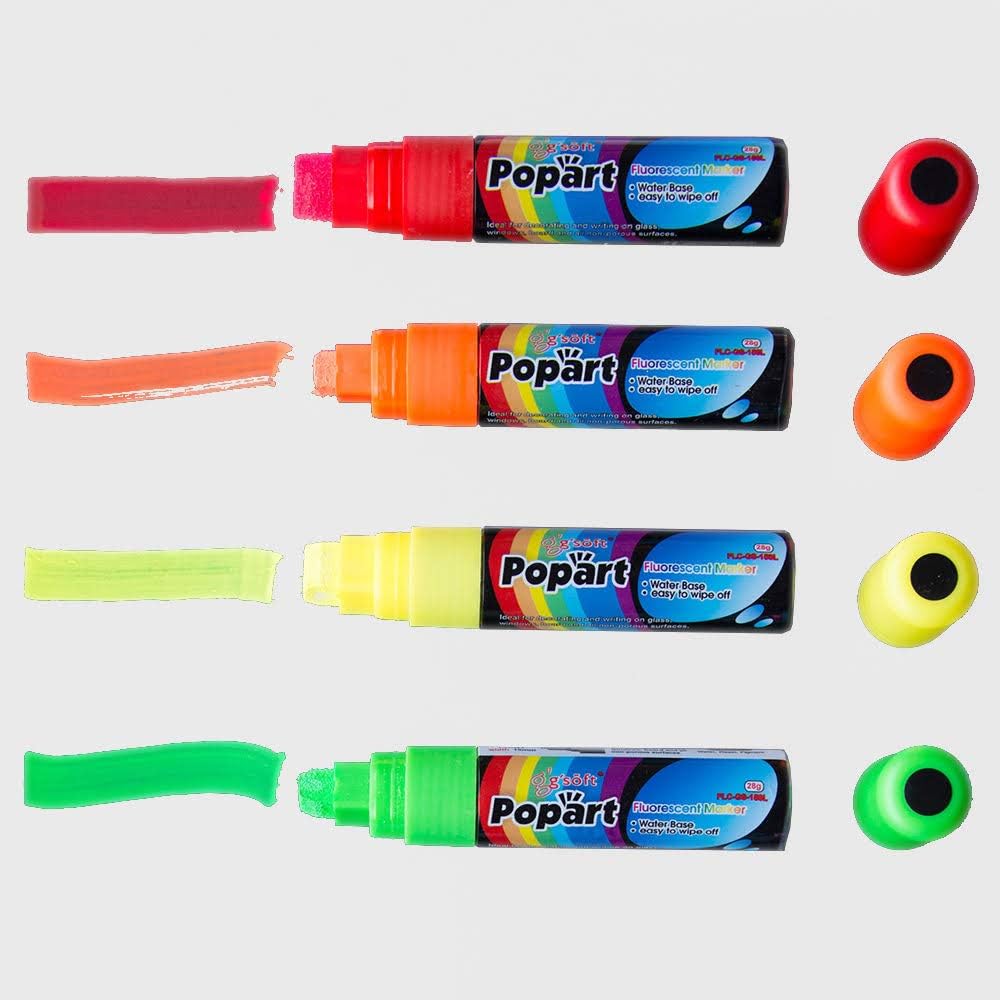 Chalk Marker Fluorescent Dry Erase Extra Large Tip 15mm Colors (red, orange, yellow, green,) 4 Pack