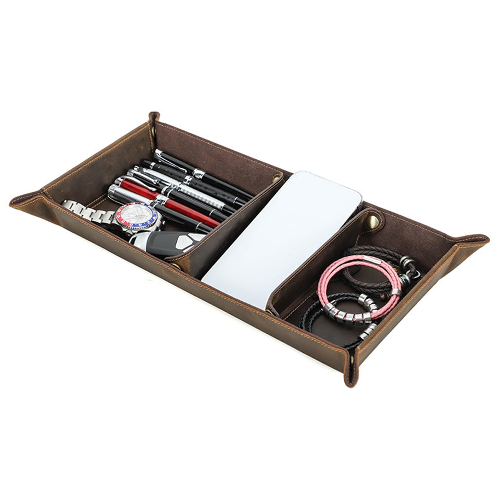Daily Essentials, vassoio organizer in pelle marrone caffè, 40 x 22 x 4,5 cm, vassoio da tavolo per scrivania, ingresso, comò e tavolino portaoggetti in pelle, organizer da scrivania da tavolo, da