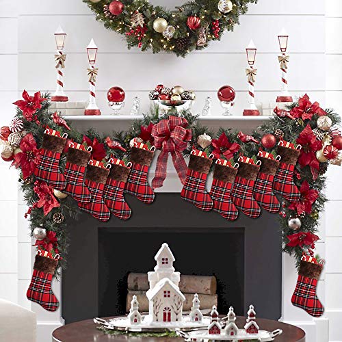 Partybus Mini Christmas Stockings 9 Inch 12 Pack, Small Rustic Plaid Xmas Decorations with Faux Fur Cuff, Bulk Gift Card Holders Treat Bags for Family Dog Cat - Thumbnail 2