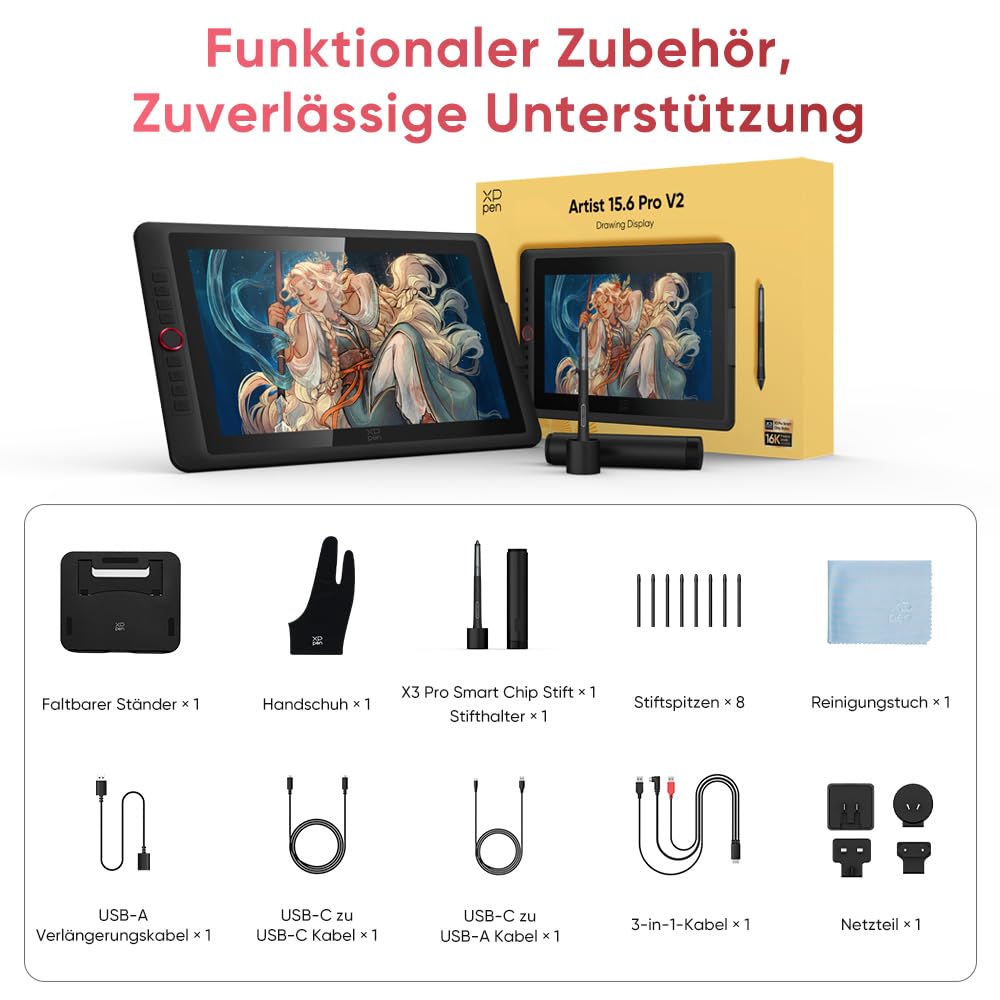 XPPen Artist 15,6 Pro V2 Tablet graficzny z ekranem 15,4 cala 16K poziomów nacisku 8 klawiszy czerwone kółko składany stojak