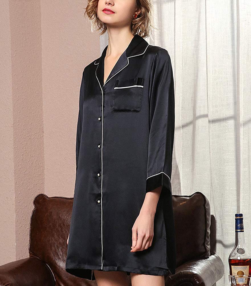 E-girl S5616 - Camisón de noche para mujer, 100 % seda, estilo blusa, manga larga Negro 44