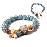 Lucky Cat Bracelet for Women, Maneki Neko Charm Bracelet with Blue Crystal & Ceramic Cat Pendant, Adjustable Feng Shui Good Luck Jewelry Gift for Her