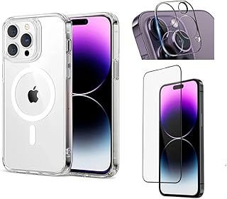 Capa Capinha Clear Case Compatível Mag-safe P/iPhone 14, Plus, Pro e Pro Max + Película de Vidro 3D + Película de Câmera (iPhone 14 Pro)
