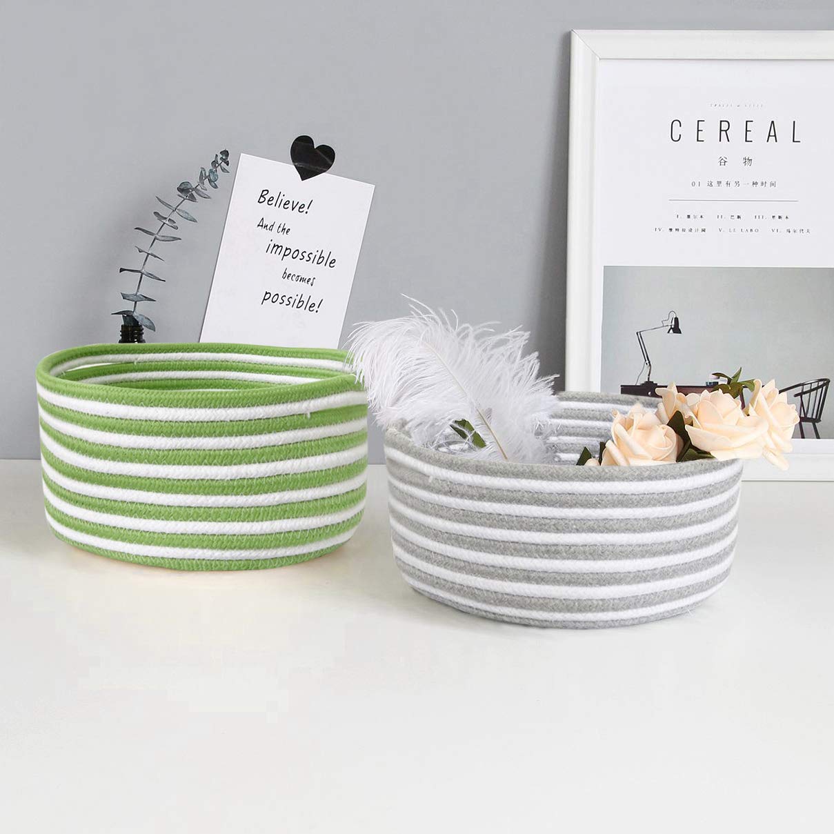 Panier De Rangement En Corde De Coton Tissé - Avec Couvercle - Dimensions 23x15x10 Cm - Couleur Kaki - Pour Chambre, Bureau, Salle De Bain - 2