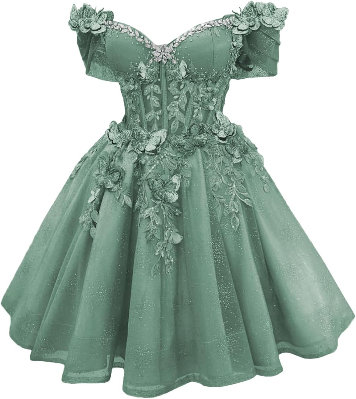 Youjiayi 3D Butterfly Short Homecoming Dresses Lace Sequin DAMA Dress for Quinceanera Off Shoulder Short Prom Gown for Teens