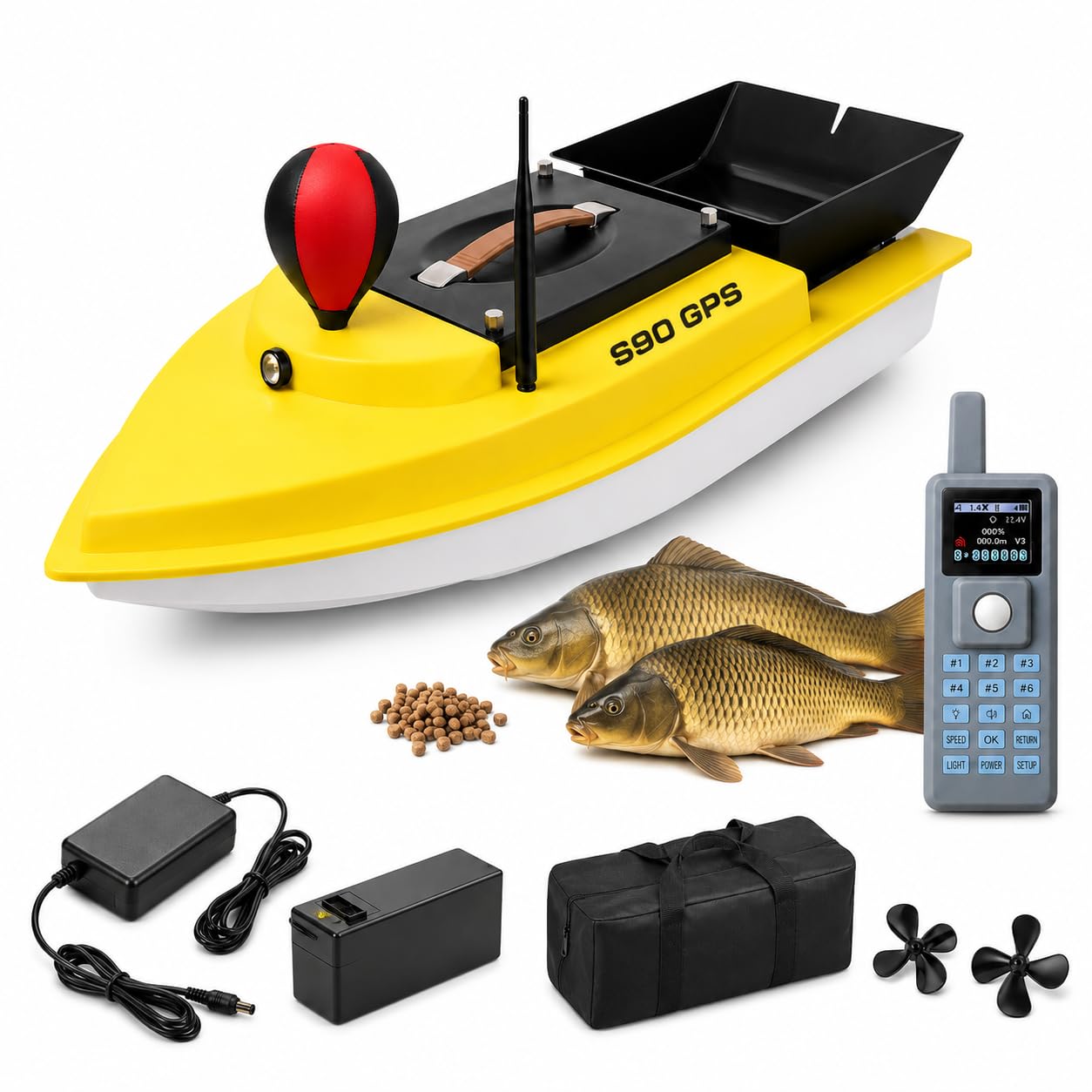2026 Barco Cebador GPS, Bola de Equilibrio, 500 m, Tolva 5 kg S9060A | 40 puntos guardados, retorno automático y doble motor sin escobillas para cebado, anzuelos y red ligera.