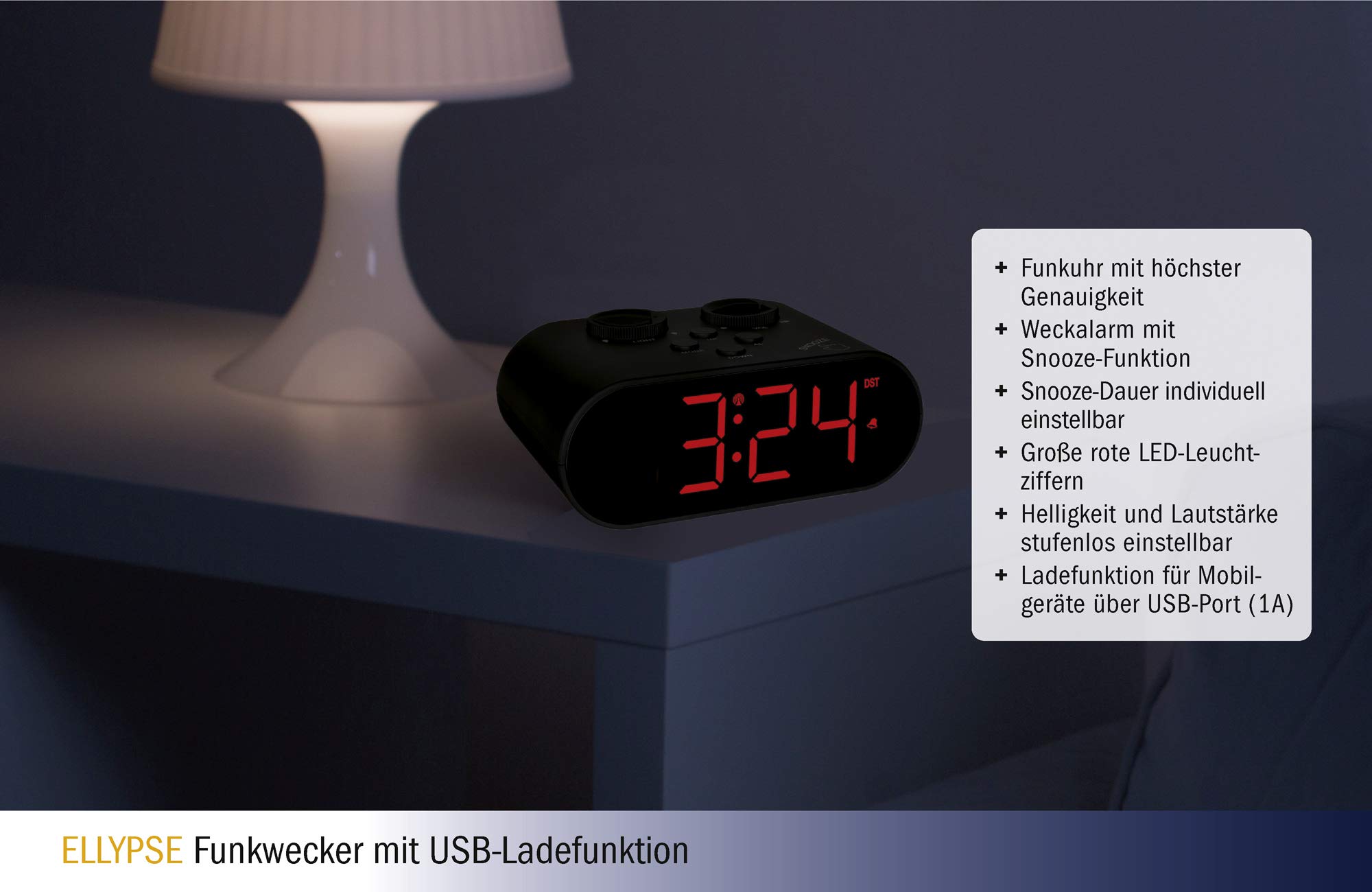 TFA Elypse Digitale wekker, 60.2551.01, met USB-oplaadfunctie, led