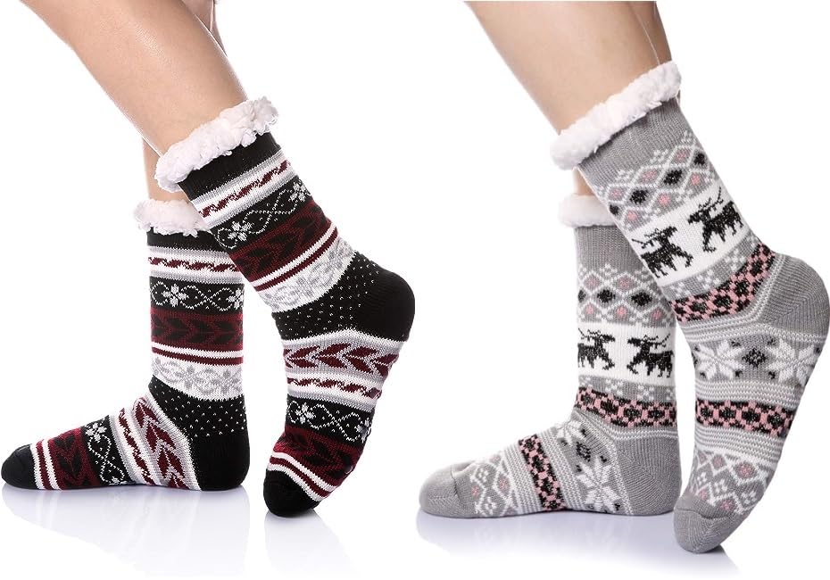 Women Non Slip Slipper Socks Winter Thermal Fuzzy Socks for Women Fluffy Cozy Soft Thick Warm Winter Fleece Lining Home Socks Crew Boot Socks for Cold Weather(ASSORTED RANDOM COLOR)(Pack of 2)-image-17
