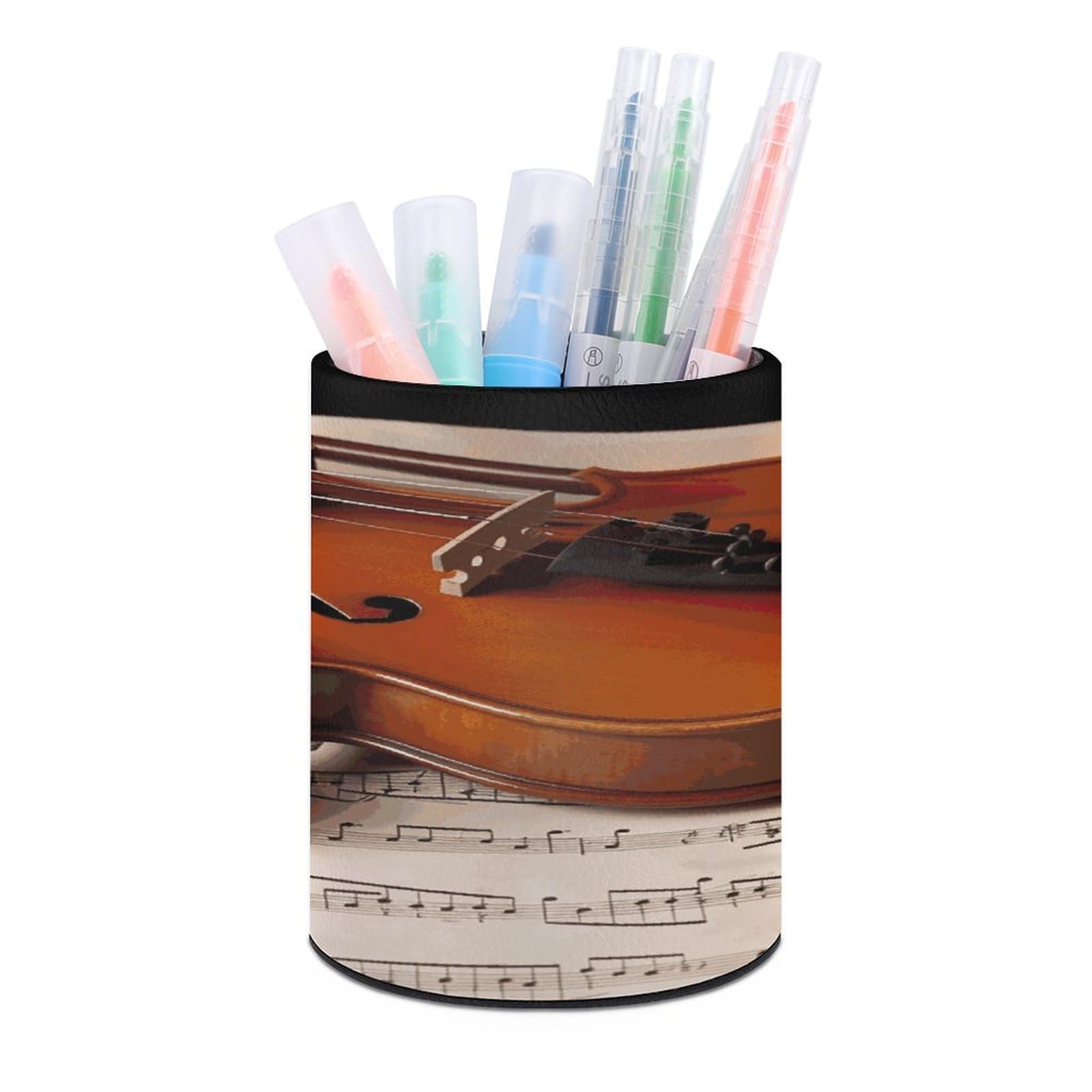 LDGSUPH Violin Sheet Music Round Pen Holder Leather Pen Cup Pencil Cup Pen Organizer Pencil Holder for Desk Organizer Pencil Organizers Makeup Brush Holders for Home Office Gift