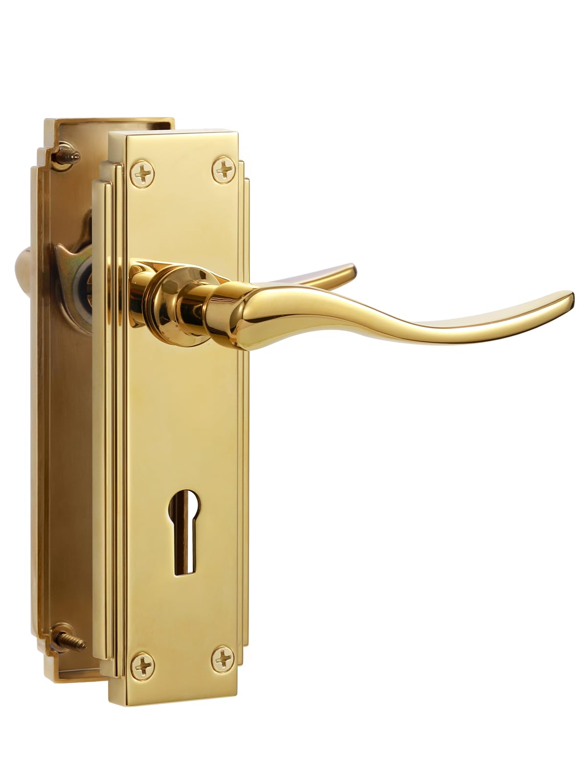 SORWDUERM 1 Pair Hanoverian Scroll Pvd Gold Internal Door Handles,Short Lock Lever Set for Interior Wooden Doors,Fits Standard UK Door,Zinc Alloy