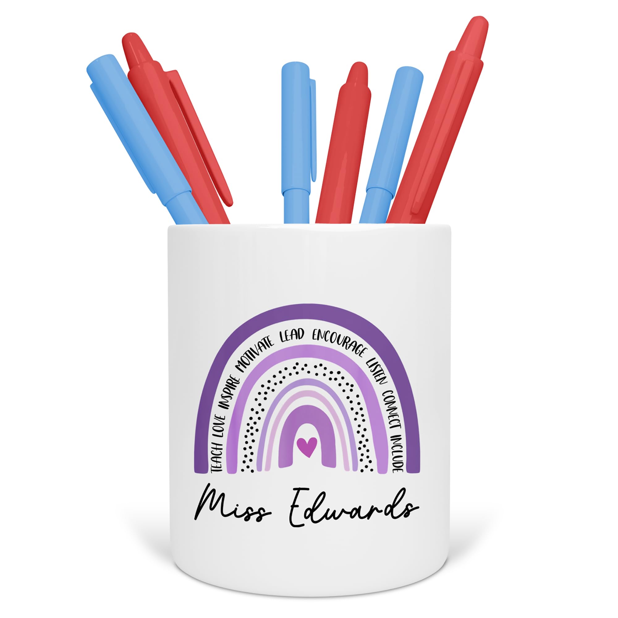 Personalised Teacher Pen Pot - Custom Rainbow Desk Organiser for School, Nursery or Office - End of Term Gift for Teaching Assistant, TA - Ceramic Pencil Holder (Purple Rainbow) โ image 1