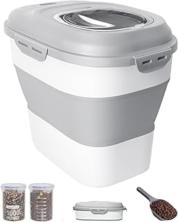 30-35 Lbs Dog Food Storage Container Collapsible Dog Food Container with Airtight Lids, Wheels, Scoop and 2pcs Food Storage Containers, Large Pet food storage for Dog, Cat (Grey)