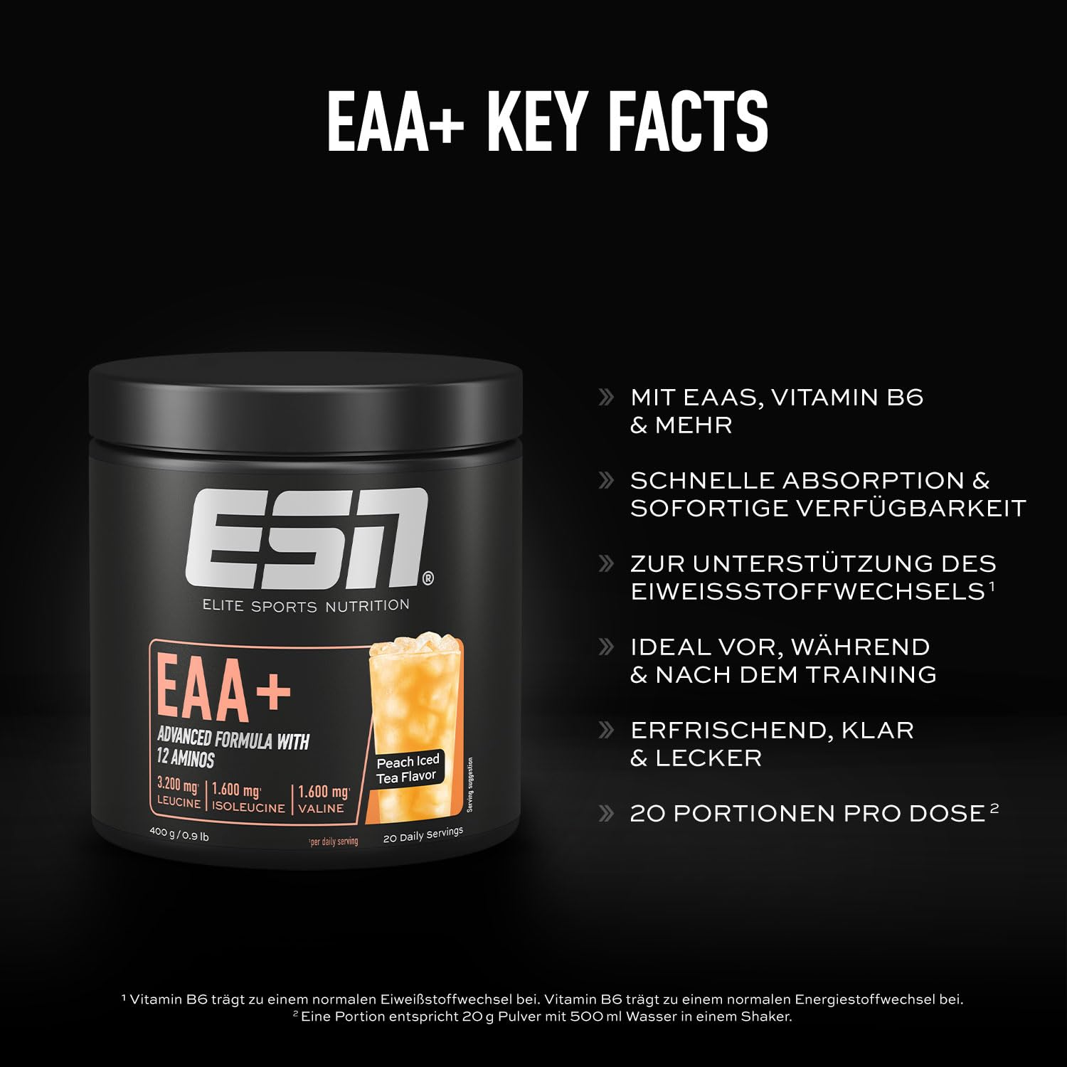 ESN EAA+, Peach Iced Tea, 400 g, allen 9 EAAs & Vitamin B6, 3,2 g Leucin pro Portion, ideale Löslichkeit, vegan - made in Germany
