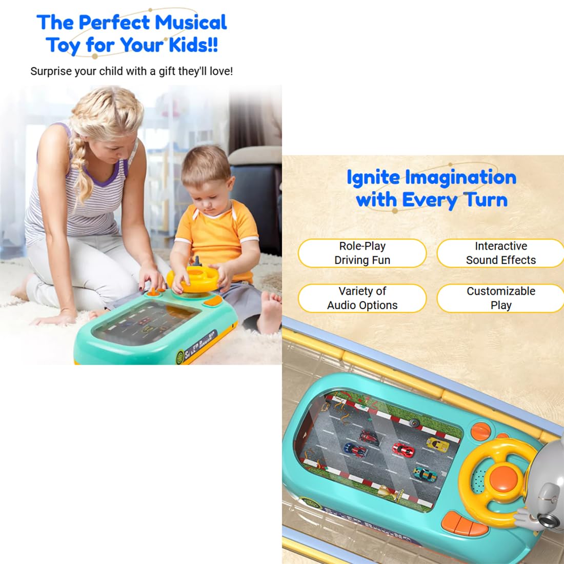 Race Adventure Car Steering Wheel Toy, Toddler Driving Racing Car Game with Sound, Interactive Electric Driving Simulation Toy, with Suction Cups for Kids Age 3-6 Years Old (E)