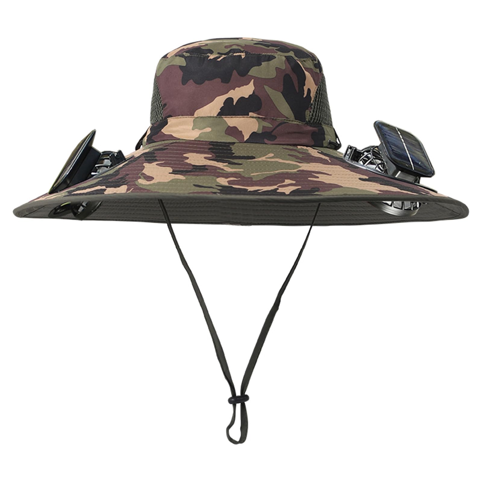 WOMGKDA Solar Powered Cooling Hat with 2 Fans Unisex Wide Brim Bucket Hat Waterproof Breathable for Fishing Hiking Outdoor Activities, Camo Green, One Size